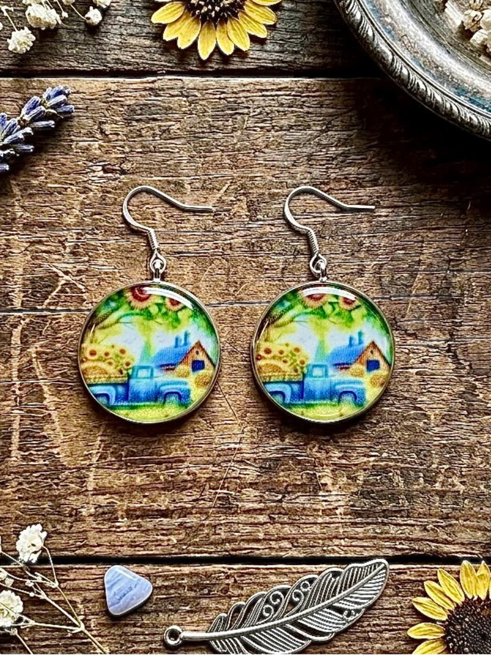 Blue & Green Farmhouse Scene Drop Earrings - Handcrafted Art Jewelry